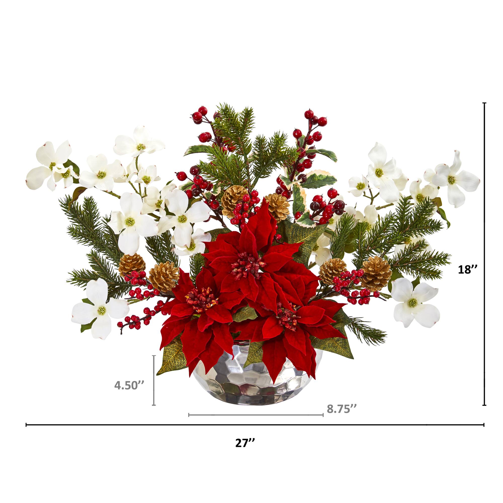 18" Red Poinsettia, Dogwood, Berry & Pine Artificial Arrangement in Silver Vase